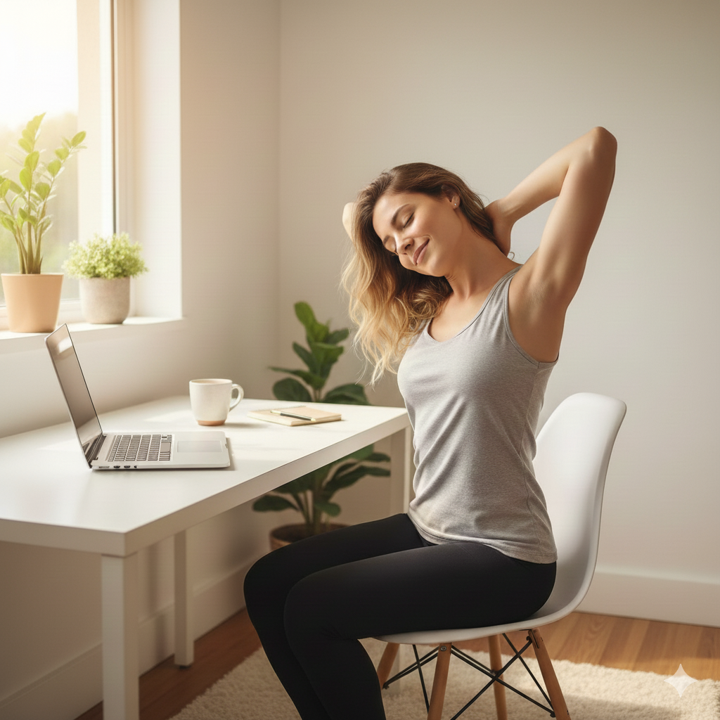 Mulher e Home Ofice, se alongando.